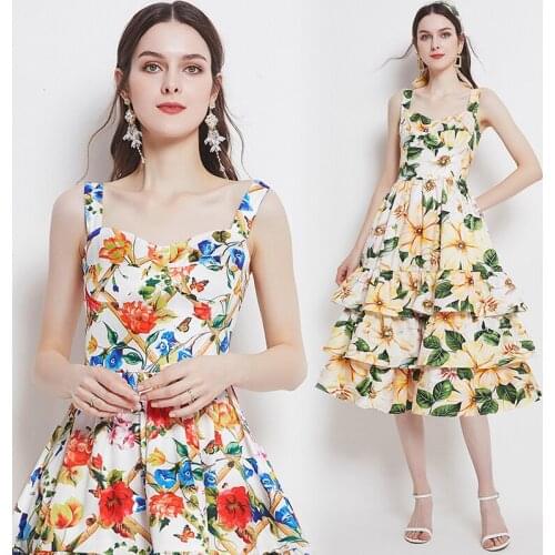 2021 New Summer Fashion Floral Print Beach Dress Womens Spaghetti Strap Backless Sexy Layers Cake Ruffles Long Dress