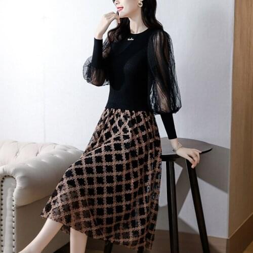 Autumn Winter Black Knitted Patchwork Mesh Midi Robe Women Korean Vintage Casual Office Dress 2021 Bodycon Elegant Sweater Dress