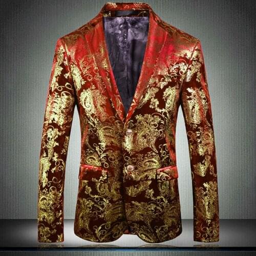 2021 Red Male Blazer High Quality Gold Printing Single Breasted Prom Blazers Men Plus Size 5xl Slim Fit Wedding Man Blazer