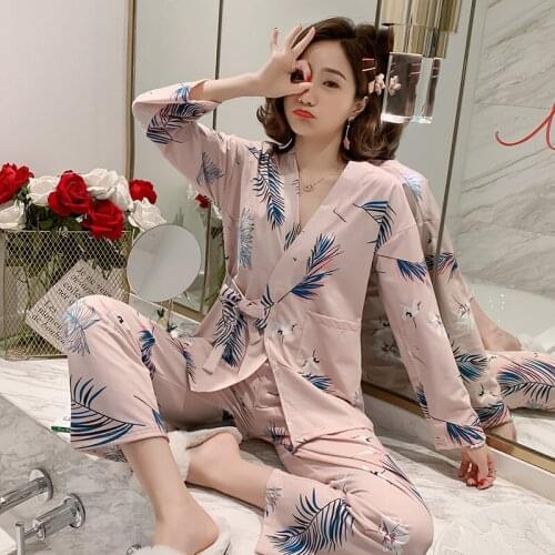 2021 Spring Autumn Long Sleeve Kimono Pajama Set for Women Cute Cartoon Sleepwear Suit Pyjama Homewear Pijama Mujer Home Clothes