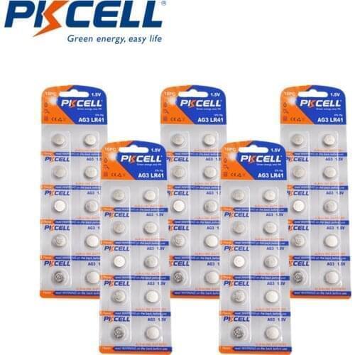 50Pcs/5card PKCELL 1.5V LR41 AG3 SR41W 392 192 192A LR736 watch battery alkaline Button cell batteries for thermometer