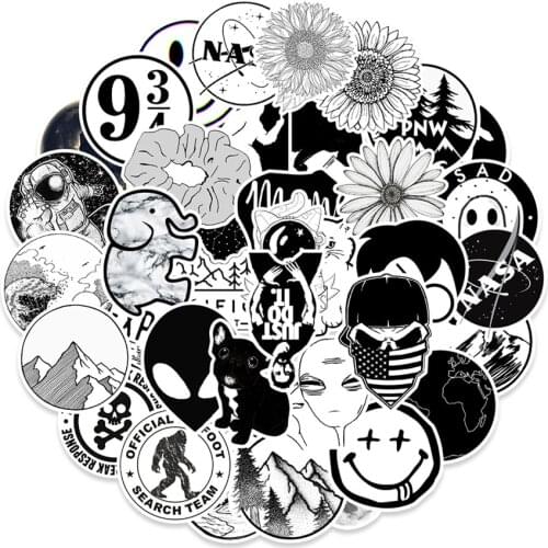 50Pcs Black And White Cool Cartoon Kids Stationery Stickers For Skateboard Car Laptop Motorcycle Notebook Children Toys Gift