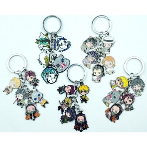 5 in 1 Set Demon Slayer Keychain Kimetsu No Yaiba Keyring Cartoon Figures Alloy Metal Pendant Key Ring Cosplay Accessories Gift