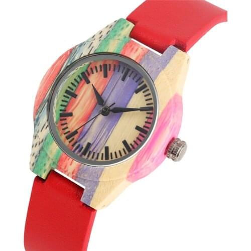 Colorful Wood Watches Quartz Analog Lightweight Bamboo Wooden Wacth Red Leather Strap Ladies Clock reloj mujer zegarek