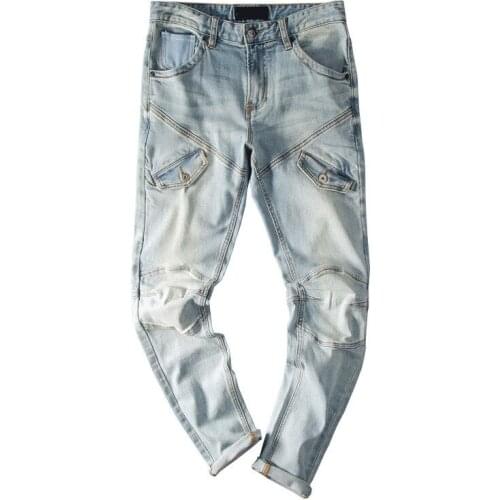 Vintage Light Blue Jeans Men Casual Straight Denim Pencil Pants Zipper Multi-Pockets Slim Stretch Biker Cowboy Trousers Male