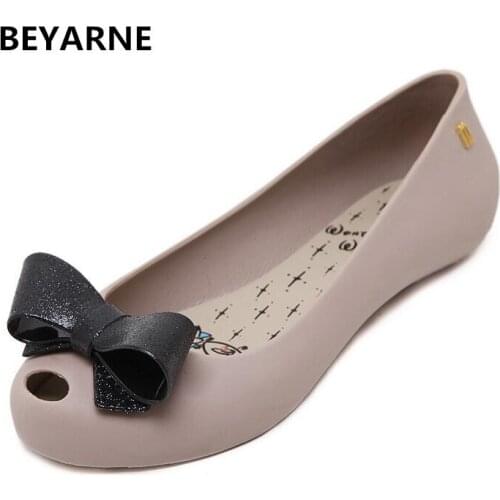 BEYARNE woman sweet bowtie jelly shoes peep toe lady students sandals women summer beach sandals candy colors khaki blue 36-40
