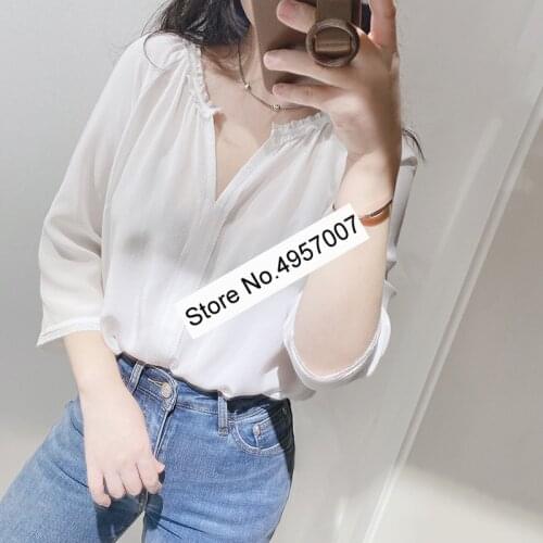 Elfbop Ladies 100% Silk Blouse Top With Elbow Sleeve & Ruffled Neck - Women White/Red/Navy Color Shirt Top