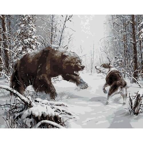 Painting By Numbers DIY Photo Frame Acrylic Paint Winter Forest Wolf Bear Wrestling Pictures Living Room Mural Home Decoration