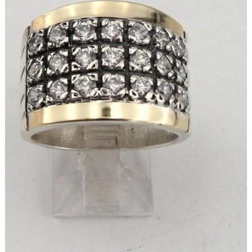 Vintage Two Tone Three Lines White Stone Wide Ring For Women Men Wedding Party Banquet Retro Anniversary Jewelry K4M861