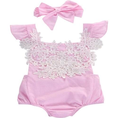 2pcs Newborn Baby Girl Romper Lace Floral Jumpsuit Headband Outfits Set Clothes Newborn Baby Girl Clothes Cotton O-neck