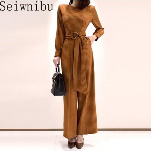 Vintage Polyester women jumpsuit romper Elegant work wear sash belt female jumpsuit Long sleeve office lady overalls