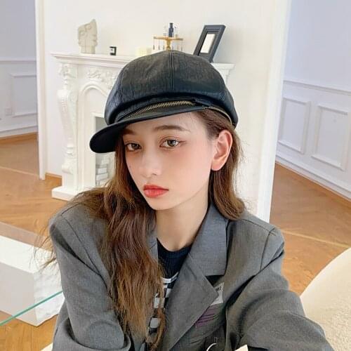 Fashionable Retro Hat Female Autumn and Winter Zipper Detachable Dual-use Leather Beret Japanese Wild PU Octagonal Hat