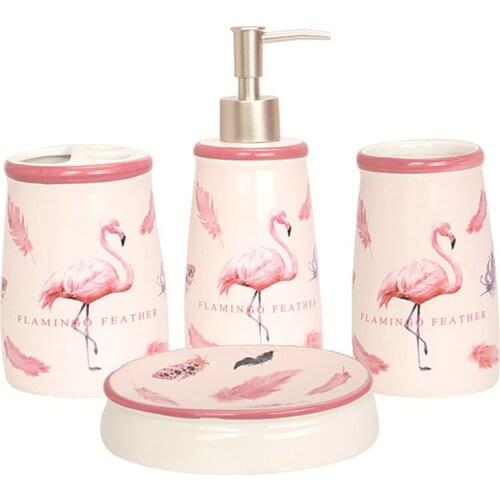 Bathroom Accessories Set, Toothbrush Holder, Soap Dispenser, Soap Dish , Flamingo , Ceramic, 4 Pieces