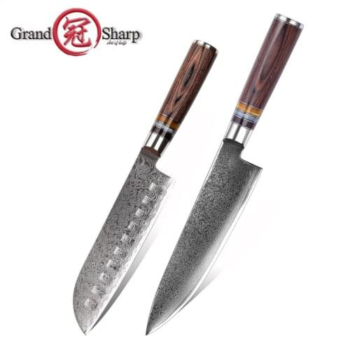 Grandsharp 2 Pcs Knife Sets 67 Layers Damascus Steel Knife Kitchen Set Ultra Sharp Japanese Santoku Chef Knives Pakkawood Handle