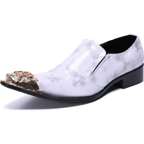 New Luxury Brand Italian Shoes Men Leather Loafers Gold Steel Toe Metallic Mens Shoes High Heels Snake Skin Dress Wedding Shoes