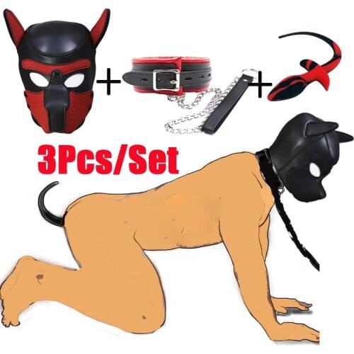 SM Game Slave Bondage Puppy Play Dog Hood Mask Pet Role Play Party Masks,Neck Collar With Leash,Pup Tail Plug,Couple Sex Toy Set