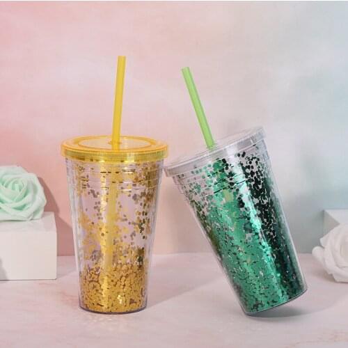 16OZ flat lid straw cup double-layer plastic straw with sequined milk tea cup plastic cup large-capacity coffee cup