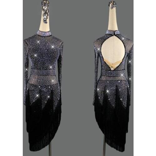 Rhinestone Latin Dance Dress Women High-end Long-sleeved Black Dance Dresses Adult Ladies Sexy Performance Clothing