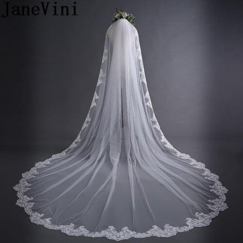 JaneVini Bridal Veil voile de mariee 3 Meters Long Ivory Lace Edge Wedding Veil Appliqued Cathedral with Comb Bride Accessories