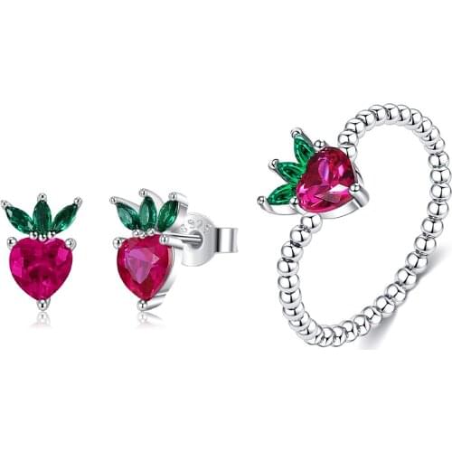ZEMIOR Fruits Series Jewelry Sets For Women 925 Sterling Silver Lovely Little Strawberry Zircon Jewelry Girlfriend Gifts Jewelry