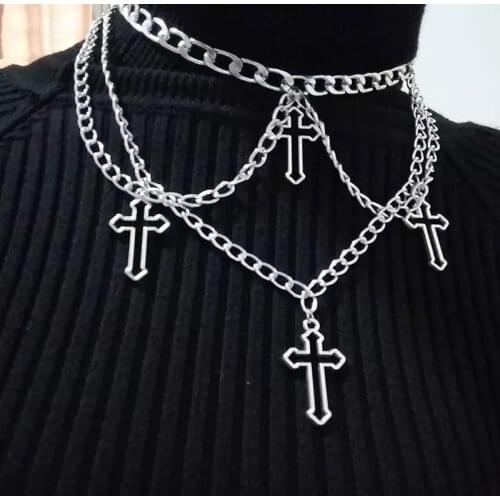 Goth Indie Silver Color Hollow Cross Pendant Necklaces Chains for Women E Girl Grunge Aesthetic Accessories Jewelry Unif Choker