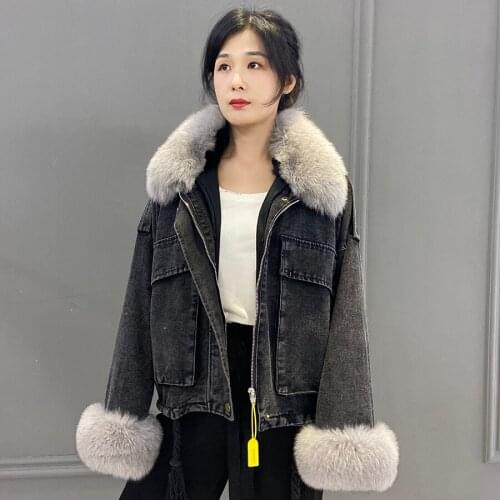 Women Real Fur Jacket Fox Fur Collar And Cuffs 2021 New Trendy Cropped Parka High Quality Outwear