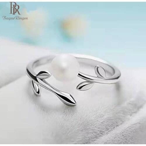 Bague Ringen Korean Simple Style Pearl Ring for Women Trendy Silver 925 Jewelry Plant Leaf Female Opening Rings Dating Gifts