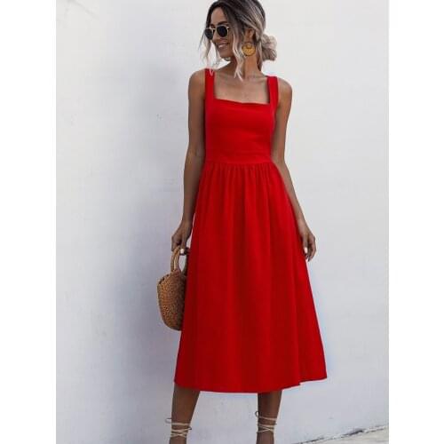 2021 Suspender Dress Simple Square Collar Sleeveless Solid Color Red Long Summer Sexy Backless Casual Womens Summer Dress