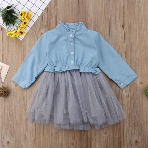 Pudcoco Giel Dress 1Y-6Y Pretty Kid Baby Girl Casual Long Sleeve Denim Tutu Tulle Party Pageant Dress