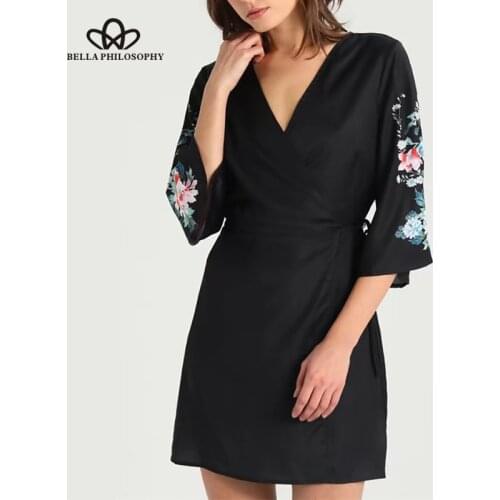 Bella Philosophy 2019 spring women three quarter flare sleeve shirt dress high waist V Neck female loose shirt dress