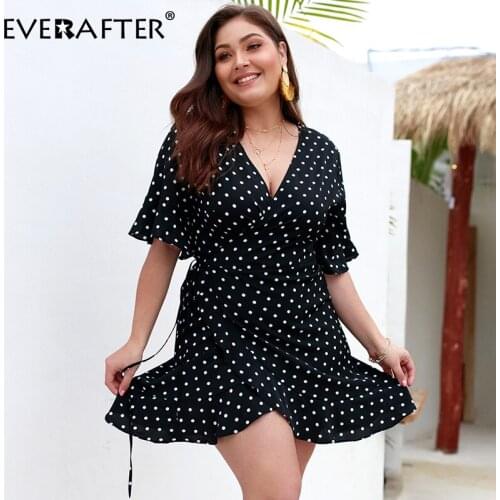 EVERAFTER Plus Size Dot Print Dress Women Sexy V-neck Short Sleeve Lace up Ruffles Elasticity Summer High Waist Elegant Dresses
