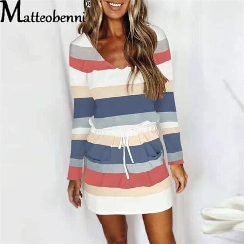 2021 Summer New Womens Dress Striped Patchwork Plus Size Casual V-Neck Long Sleeve Sexy Dresses Ladies Pocket Drawstring Dress