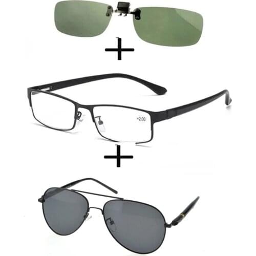 3Pcs!!!rectangular Metal Black Business Reading Glasses Men Women + Polarized Sunglasses Pilot Double Bridge + Sunglasses Clip