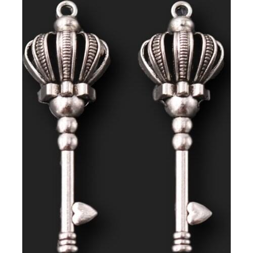 6pcs Silver Plated 3D Crown Scepter Heart Key Pendant DIY Charms For Jewelry Carfts Making Supplie 56*19mm A2309