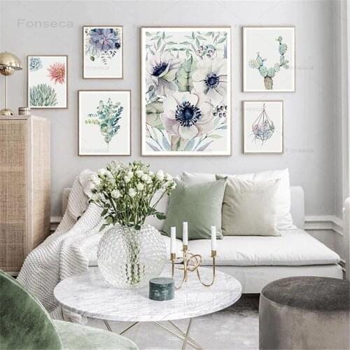 Watercolor Green Plant Flowers Canvas Poster Minimalist Art Painting Succulent Wall Picture Print Modern Home Room Decoration