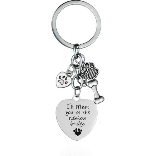 12PC "I will miss you at the rainbow bridge" Dog Cat Memorial Keychain Love Heart Dog Paw Prints Keyring Pendant Pet Lover
