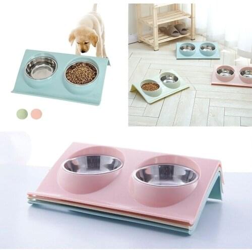 Dog Double Bowl Pet Supplies Feeding Station Stainless Steel Bowl Food Water Feeder Drinking Dish Feeder Cat Puppy Feeding Bowls