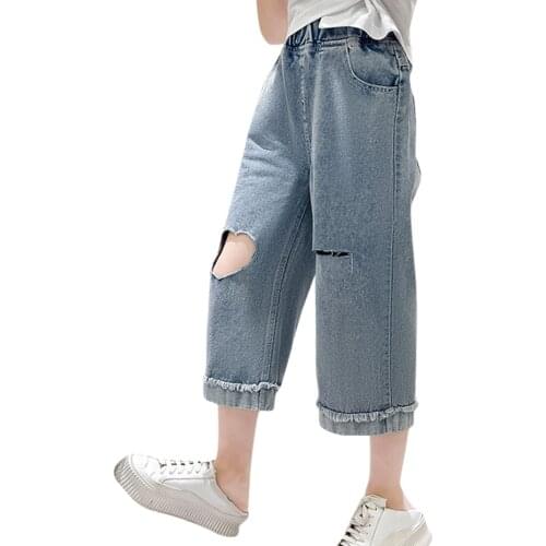 Jeans Girl Big Hole Kids Jeans For Girls Cuffs Childrens Jeans Summer Childrens Jeans Clothes 6 8 10 12 14