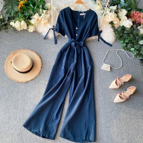 Slim Fashion Basic Solid Button V Neck Summer Full Length Bandage Jumpsuit Casual Women High Waist Elegant Playsuit Tie Romper