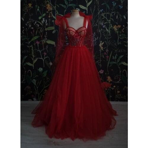 Red Tulle Embroidery Prom Dress 2021 Sweetheart A Line Boho Evening Formal Party Gowns vestido de fiesta de boda