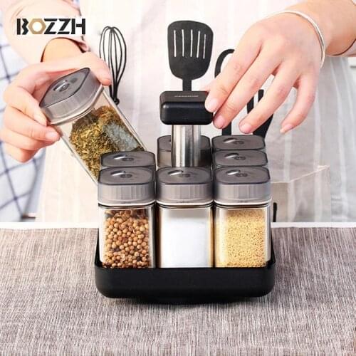 BOZZH Kitchen Seasoning Jars Set for Spices Pepper Sprays Bottles BBQ Pepper Salt Shakers Paprika Bottle Kitchen Storage Rack