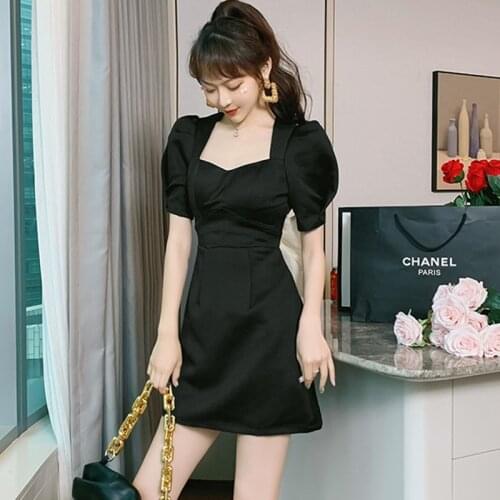 Fashion Korean Vintage Puff Sleeve Square Collar Mini Party Club Dress Ladies Elegant Backless Satin Beach Black Short Dress