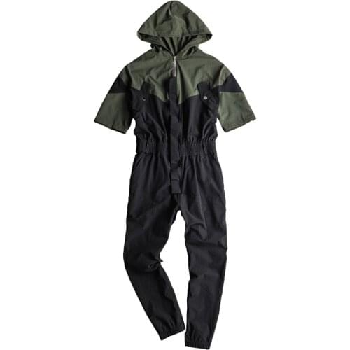 Sokotoo Mens short sleeve elastic waist patchwork hooded jogger pant jumpsuits Hoodie overalls Army green overalls with belt
