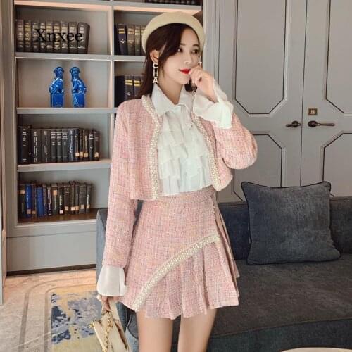 2021 Autumn and Winter New Womens 3-Piece Set, Ladies Fashion and Elegant Slim Coat Skirt Shirt Suit Tweed Suit