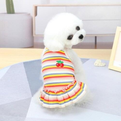 Pet Clothes Cute Rainbow Strips Dog Cat Dress For Summer Spring Small Dog Cherry Pattern Sleeveless Vest Shirt Skirt Pet Dress