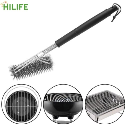 With Solid Handle Grill Scraper BBQ Cleaner Barbecue Cleaning Brush Triple-Head Stainless Steel Kitchen Cleaning Wire Bristles