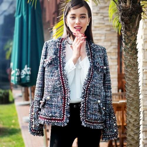Tweed jacket high quality spring/autumn / winter jacket coat knitted bordered pearl button small ladies long-sleeve short jacket