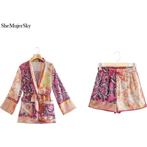 SheMujerSky Women Long Sleeve Loose Kimono Blouses And Shorts Matching Set 2021 Floral Print Long Tops Shorts 2 Pcs Set