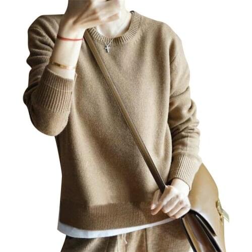 New fashion goat cashmere thick knit womenOneck irregular hem pullover sweater camel 2color S-L retail wholesale