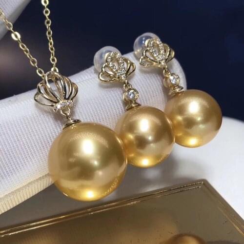 D524 Fine Jewelry 18K Yellow Gold Natural Ocean Golden Pearl 8-12mm Females Jewelry Sets for Women FIne Jewelry Sets
